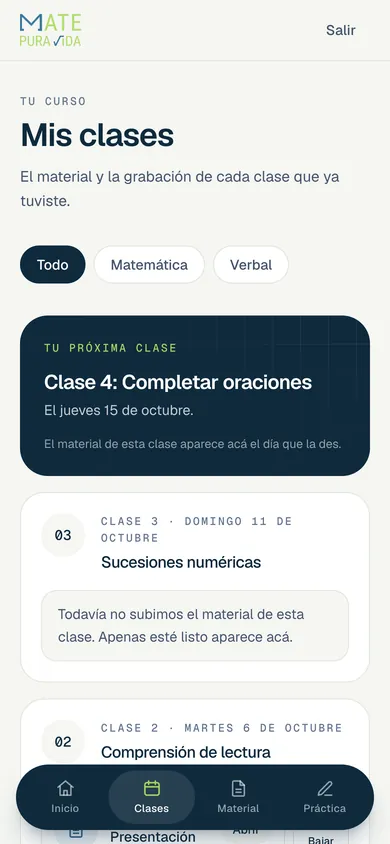 La plataforma en un celular: la lista de clases con la próxima clase y el material de las anteriores