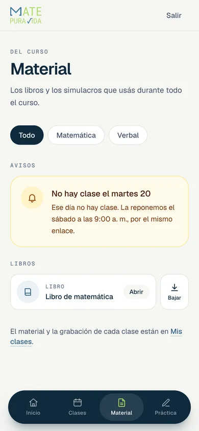 El material del curso en el celular: libros, simulacros y avisos