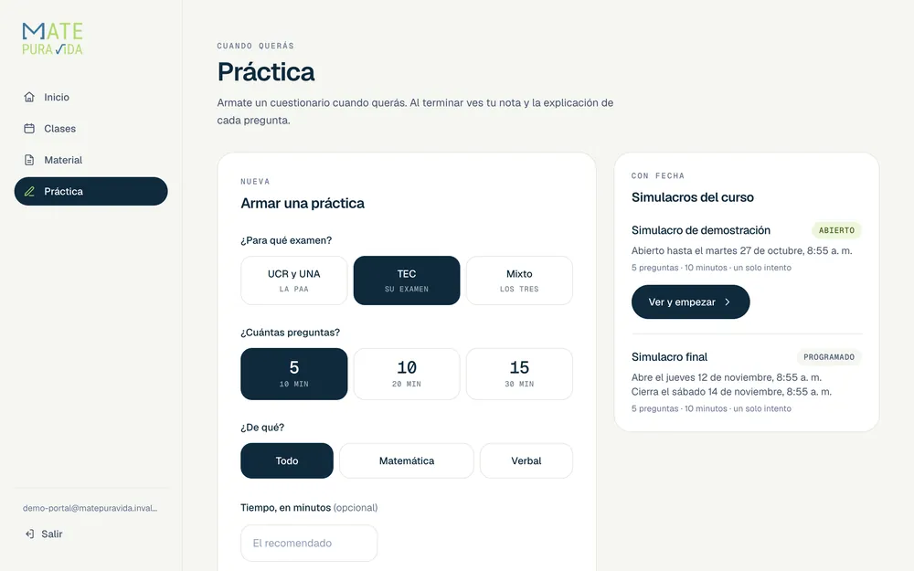 La plataforma en la computadora: el formulario para armar una práctica eligiendo examen, cantidad de preguntas y tiempo